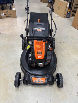 BRAND NEW Shop YARDMAX 24 in. 201cc Electric Start SELECT PACE 6 Speed CVT High Wheel RWD 3-in-1 Gas Walk Behind Self Propelled Lawn Mower