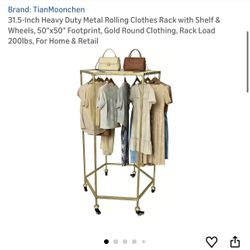 31.5-Inch Heavy Duty Metal Rolling Clothes Rack with Shelf & Wheels, 50"x50" Footprint, Gold Round Clothing, Rack Load 200lbs, For Home & Retail
