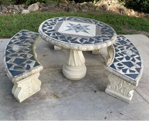 42” Round Mosaic Concrete Table & 3 benches