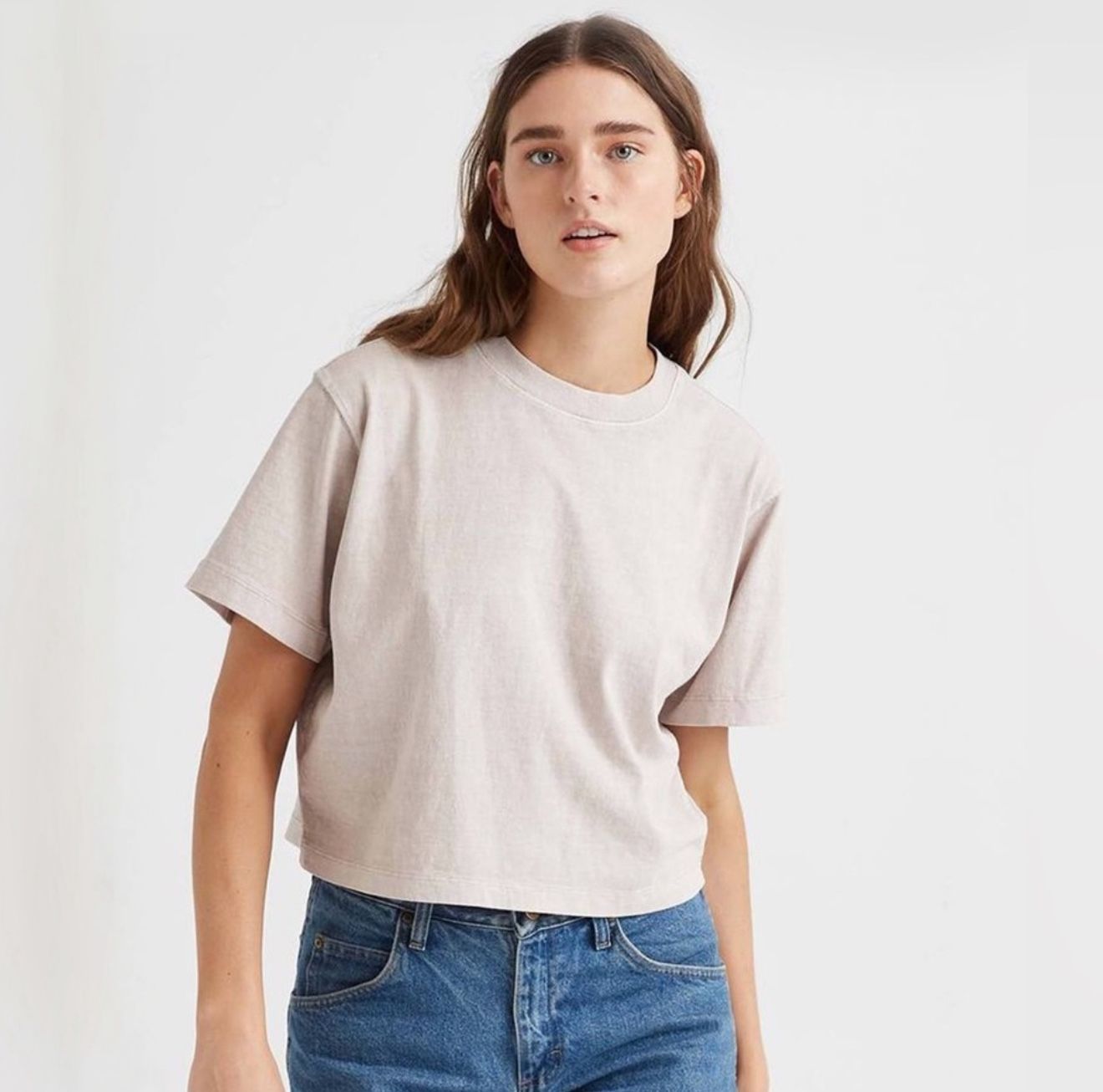 Richer Poorer Relaxed Crop Tee Mushroom Richer Poorer's relaxed fit short sleeve crop tee features dropped shoulder seams and oversized ribbing at the