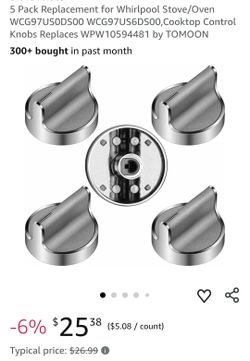 5 Pack Replacement for Whirlpool Stove/Oven WCG97US0DS00 WCG97US6DS00,Cooktop Control Knobs Replaces WPW10594481 by TOMOON