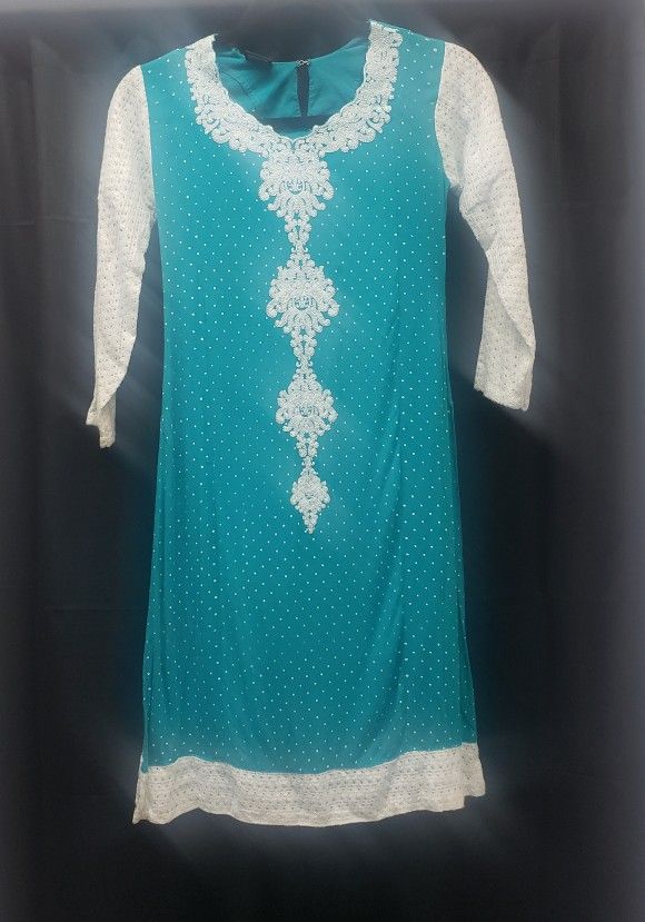 Vintage Teal With White Lace Kurta Size S
