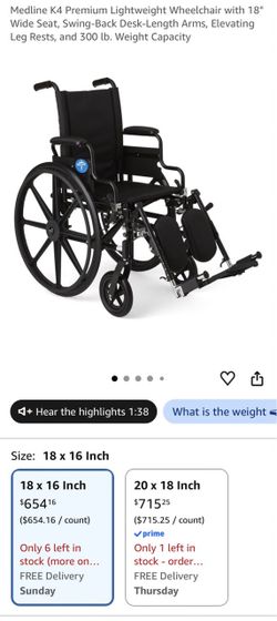 Medline K4 Premium Lightweight Wheelchair with 18" Wide Seat, Swing-Back Desk-Length Arms,...