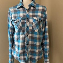 Eighty Eight Turquoise Gray Plaid Button Front Roll Tab Sleeve Shirt Men's S