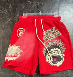 Red hellstar Graphic Fleece Shorts with Drawstring