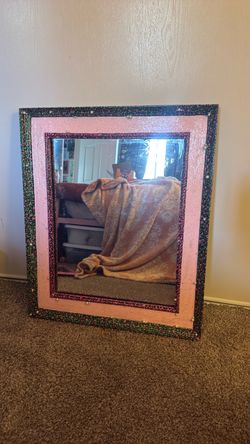 Decorative Wall Mirror with Pink and Green Floral Frame W Pearls