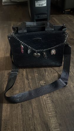 Ed Hardy Black Embossed Crossbody Satchel Purse w/ Charms
