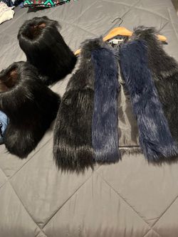 Black Fur Boots size 8 $25 )) ((Fur Vest size S. M…Black, Grey, purple/ Blue, $25… Both for $40