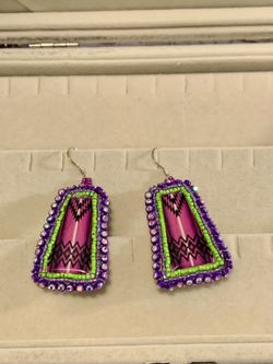 Beaded Geometric Purple And Green Earrings 