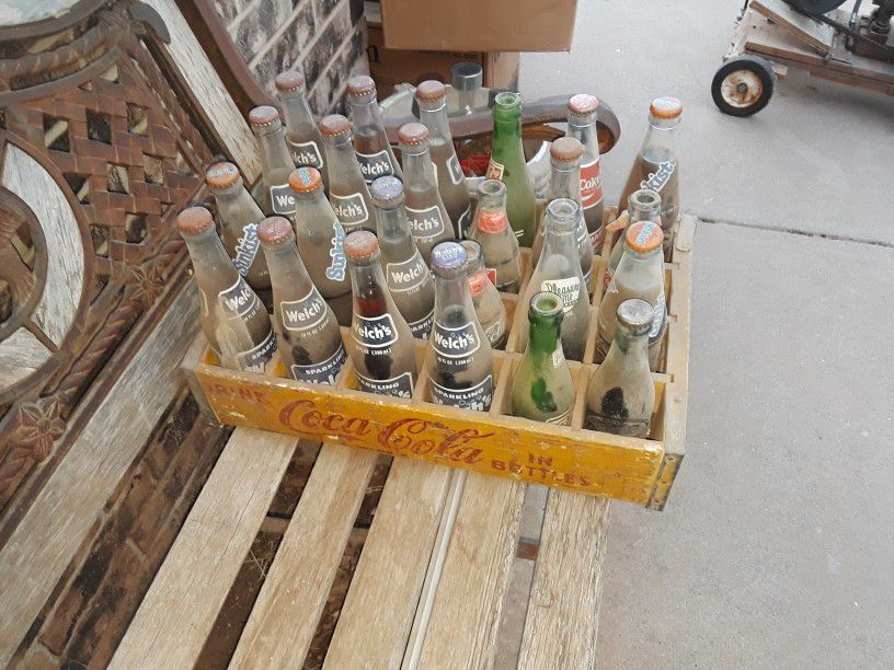 Vintage Still Filled Pop Bottles And Crate