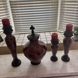 Vase Set red And Candle Holders With Candles 