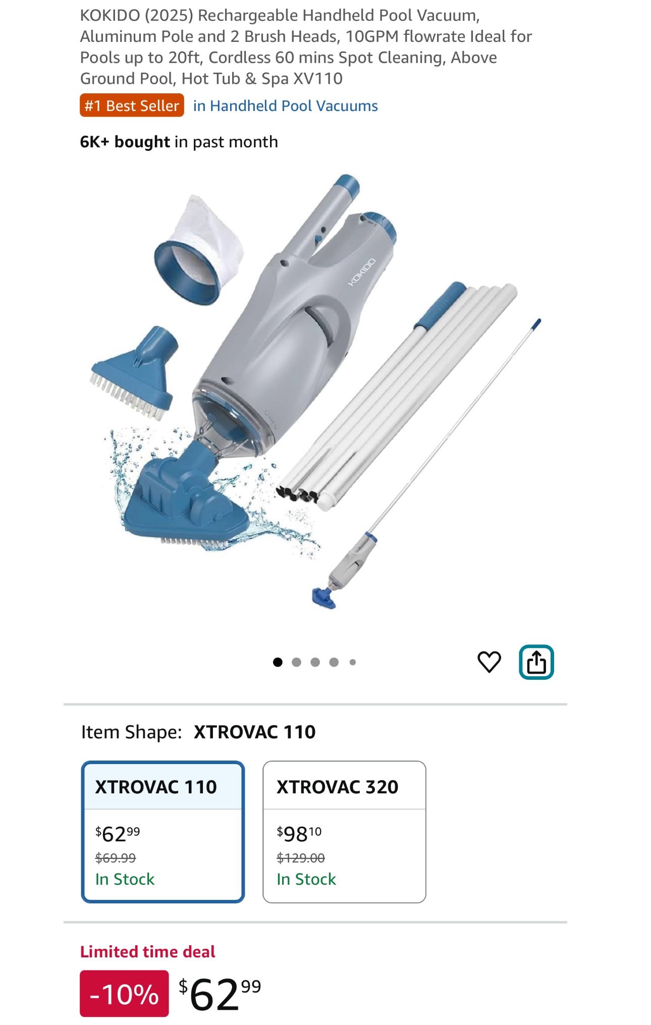 KOKIDO (2025) Rechargeable Handheld Pool Vacuum, Aluminum Pole and 2 Brush Heads, 10GPM flowrate Ideal for Pools up to 20ft, Cordless 60 mins Spot Cle