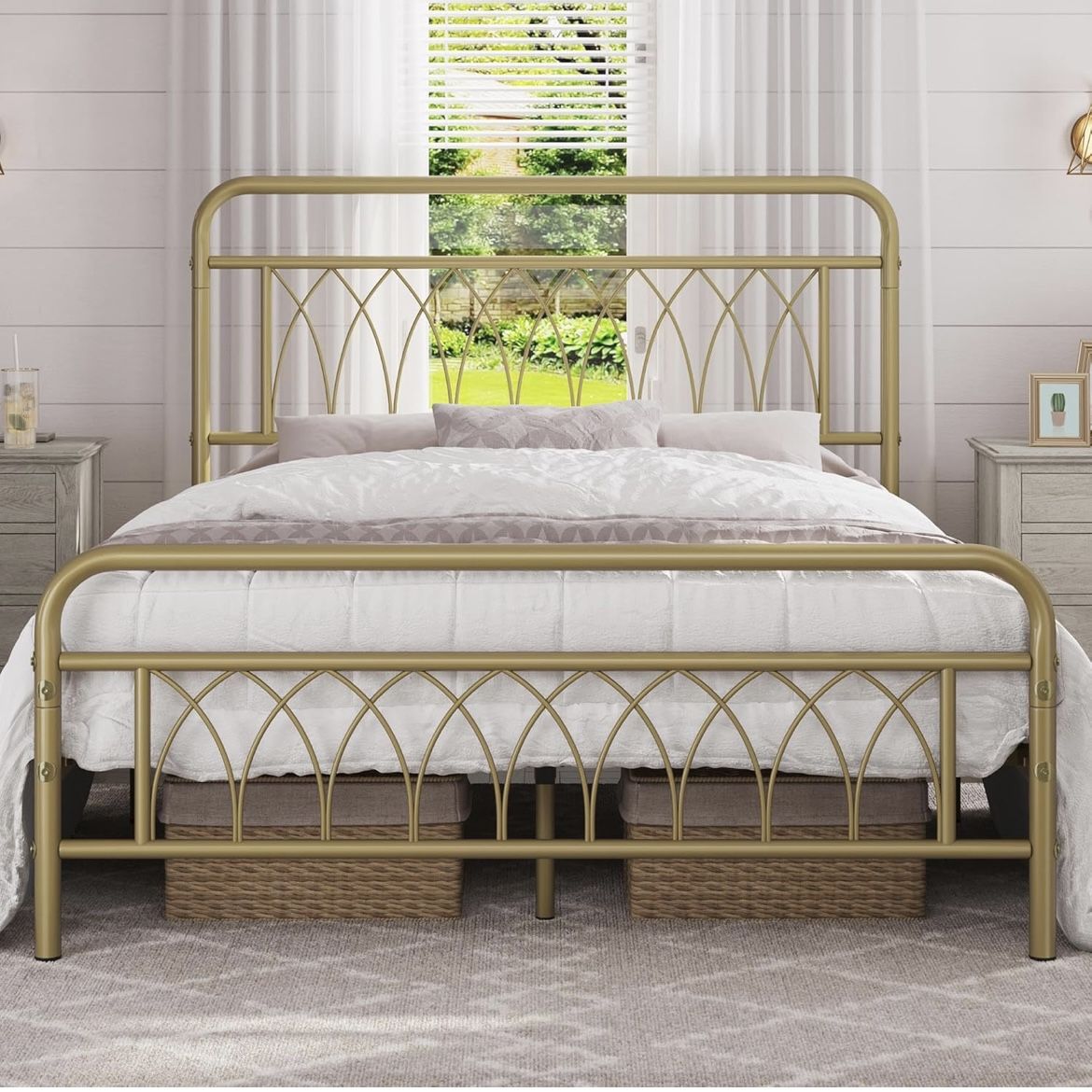 Bed Frame Metal Platform Bed with Petal Accented Headboard/Footboard/14.4 Inch Under Bed Storage/No Box Spring Needed,Antique Gold