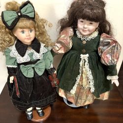 Set of 2 Green Velvet Porcelain Victorian Dolls