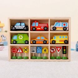 Wooden Emergency Vehicle Set with Traffic Signs for Kids