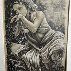 STUNNING. Signed original charcoal & pastel figurative drawing of Romantic classical-style female figure, professional.    