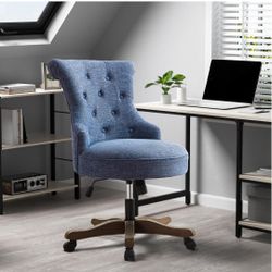 HUIMO Home Office Chair Upholstered Armless Desk Chair with Wheels Adjustable Height Computer Desk Chair with Wooden Legs Linen Comfortable. Blue