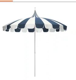 8.5 ft. White Aluminum Natural Pagoda Market Patio Umbrella with Push Lift in Navy and White