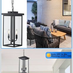 tewei 17.3'' Large Outdoor Pendant Lantern Light for Porch, 2-Light Black Metal Exterior Hanging Pendant Light Fixture Dusk to Dawn, Ceiling Hanging C