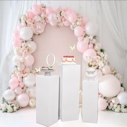 SwallowLiving 3PCS Metal White Display Pedestal Stand for Parties, Square Tall Pedestal Cake Stands Pillars for Wedding, Sculpture Display Stand Colum