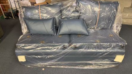 Dark Blue Leather Two-Seater Sofa with Cushions Expendable