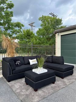 🔥 Brand new black & grey L shape sectional sofa/Couch with cup holders & storage Ottoman | Pay After Delivery 🚚