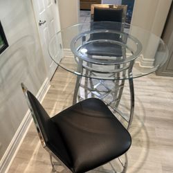 Chrome And Glass Top Bar Table With 2 Chairs