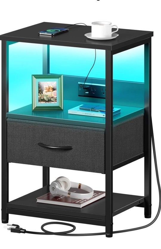 Nightstand with Charging Station, LED Bedside Table with Fabric Drawer, Night Stand with Storage, 3-Tier Bed Side Table, End Table for Bedroom/Living