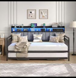 Twin Size Sofa Bed Frame With RGB Lights & Charging Station, Pull Point Day Bed With Storage Headboard, No Box Spring Needed, For Living Room, Bedroom