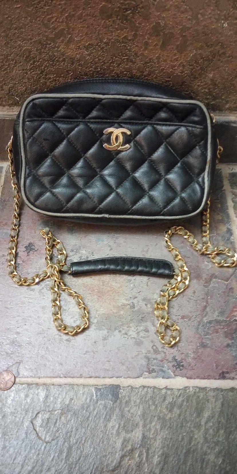 Black Chanel Leather Purse With Gold Chain 100% Authentic