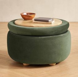 0904-Luna Round Ottoman with Storage and Tray, Round Coffee Table with Storage, Upholstered Foot Stools Ottoman for Living Room, Bedroom, with Solid R