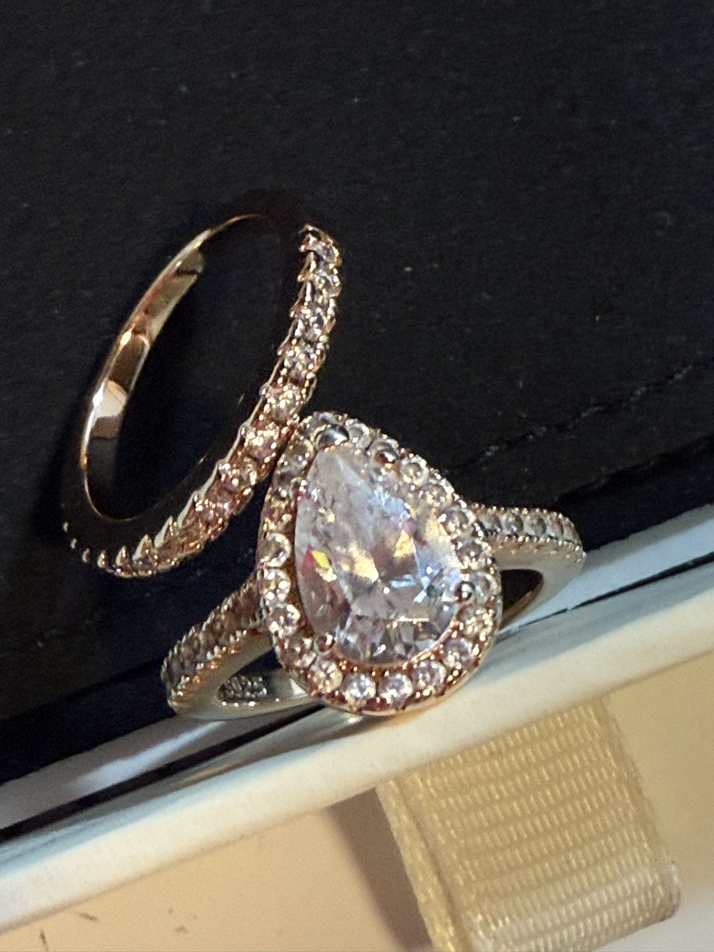 Champagne Tear drop Sapphire Rose Gold Wedding Ring Set