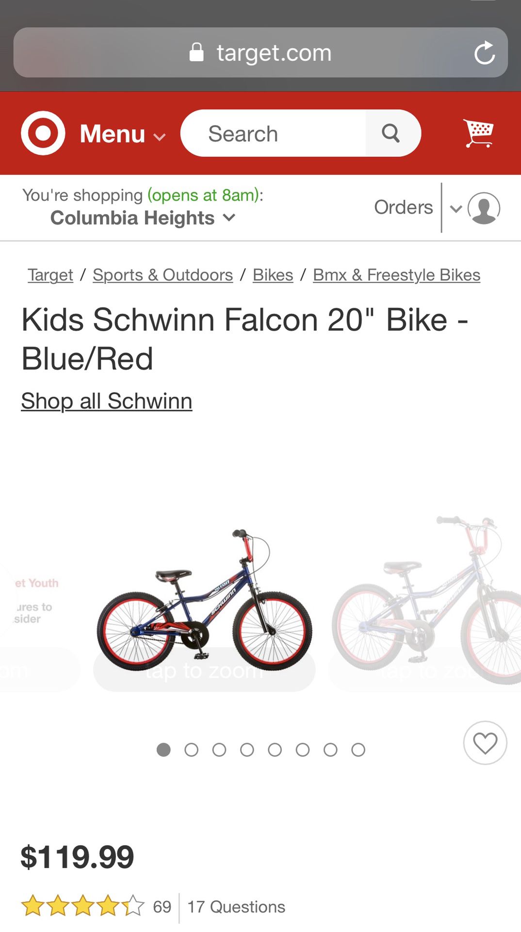 Kids Schwann falcon 20” bike blue/red
