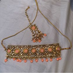 Women’s Brand New Indian Desi Pakistani Traditional Choker Necklace Jewelry Peach Color