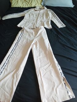 CHICME Beige 2pc Satin Jacket & Wide-Leg Pants Set Elastic Waist Size S