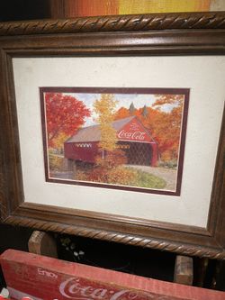 8x6 Coca-Cola Advertising Print  Covered Bridge With Trees in Autumn Framed 