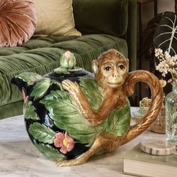 vintage Fitz & Floyd Rainforest / Jungle Monkey Majolica Teapot 1986 Centerpiece Cottage Granny 