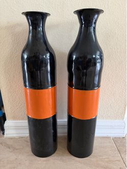 17.5” Tall Matching Black/Orange Vases