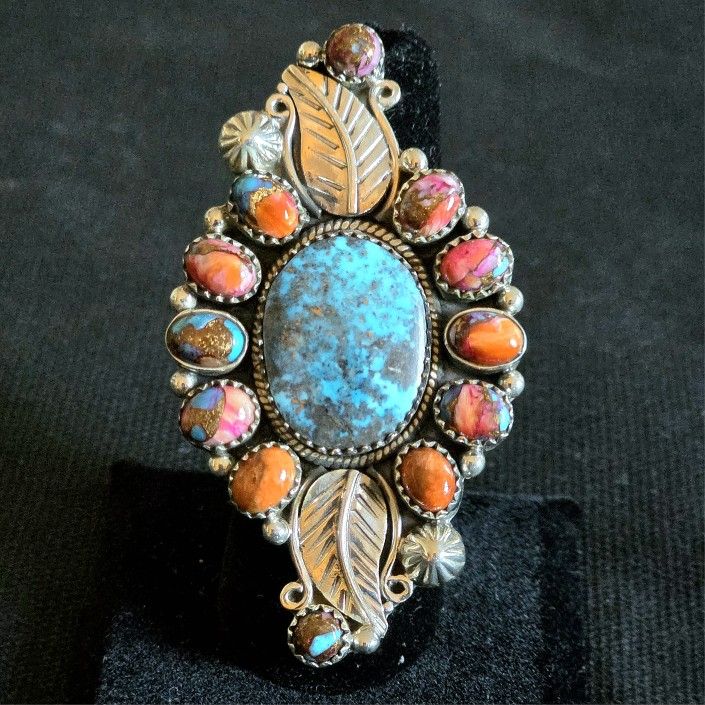 Huge Spiny Oyster Turquoise Statement Sterling Silver Adjustable Ring Native ?