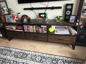 Modern Industrial TV Stand / Entertainment Center – Dark Wood & Black Metal