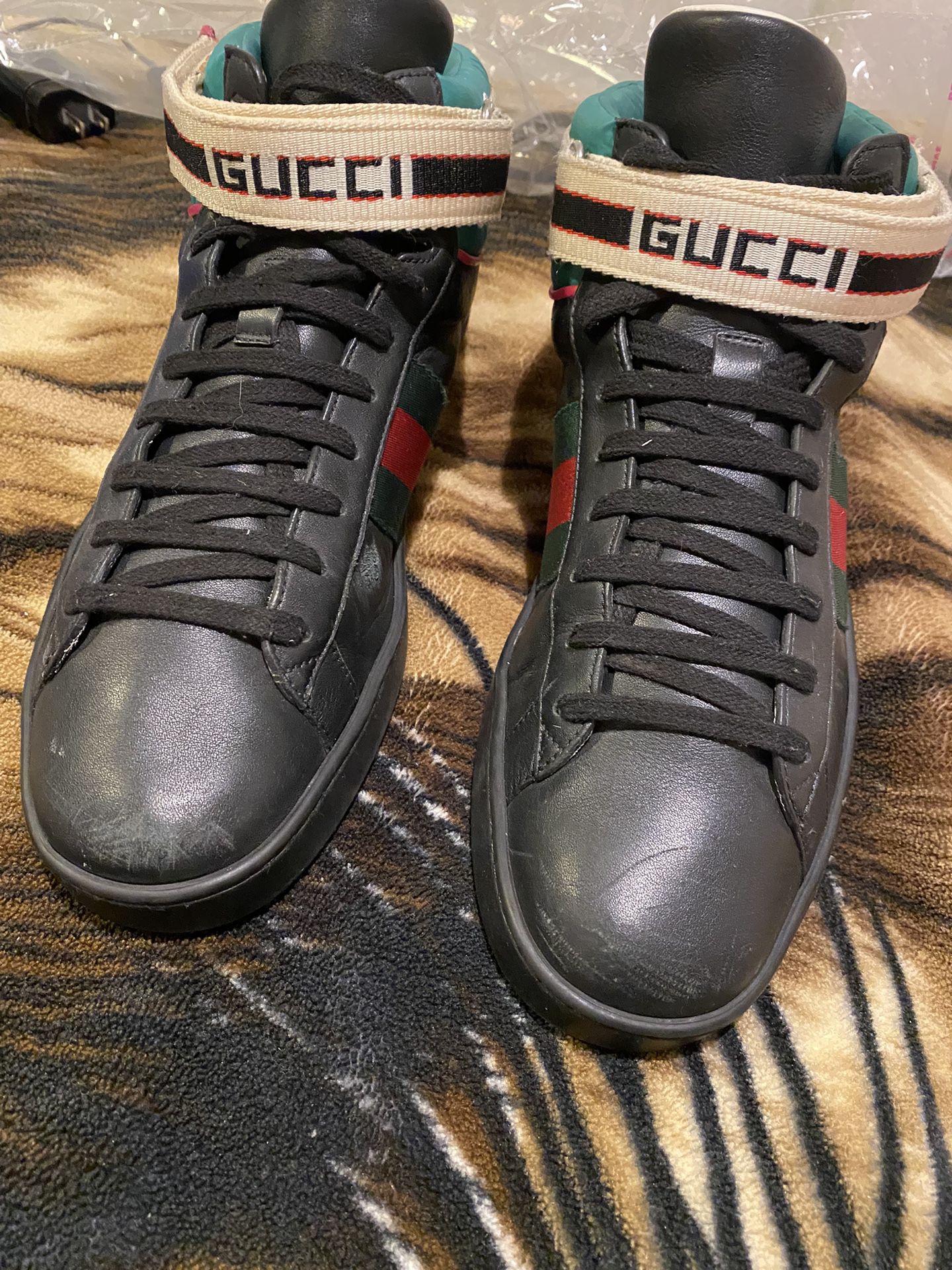 Authentic Mens Gucci Stripe Ace High-Top Strap Sneakers Shoes 
