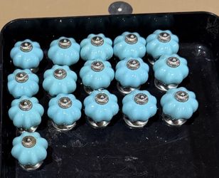 16 Ceramic 1-3/4 in. (45 mm) Vintage Satin Nickel and Teal Round Cabinet Knobs