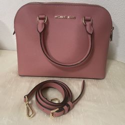 Michael Kors Large Dome Emmy Saffiano Leather Satchel Handbag Purse - Dark Rose 
