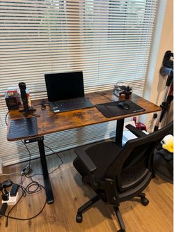 Electric Standing Desk with Rustic Wood Top and Desk Chair