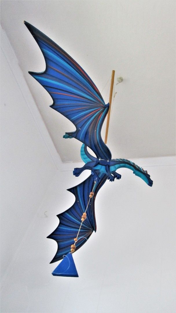 Handmade Flying Wooden Dragon Mobile Large Blue Orange Turquoise Handcrafted Winged Mythical Creature Toy