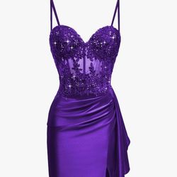 Purple sequin bodycon dress with rutched skirt