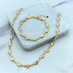 18k Gold Filled 3D Puffed Elephants Linked Chain or Bracelet, Hollow & Lightweight Link Chain, Sold as a Set or Separately