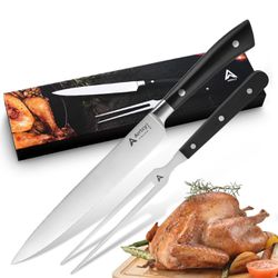 Brandnew Carving Knife Set 2 Piece,Full Tang Carving Knife and Fork,German Stainless Steel Kitchen Knife for Turkey, Ham, BBQ, Carving Set with Gift B