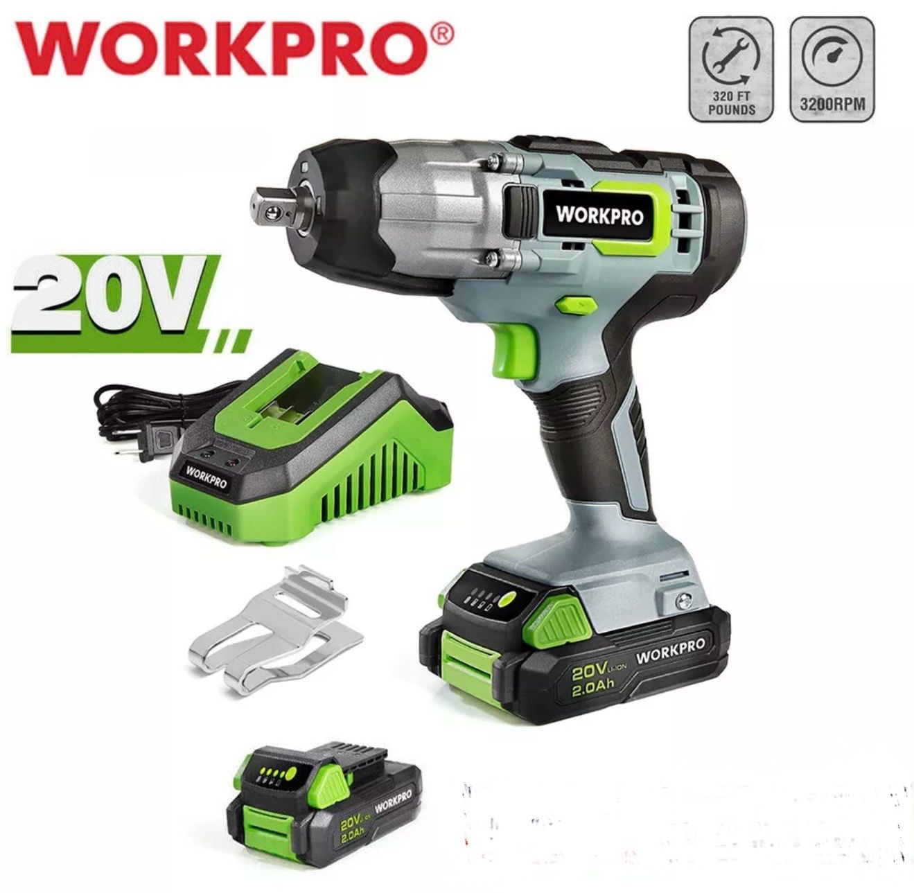 WORKPRO 20V Cordless Impact Wrench 1/2-inch 320 Ft Pounds Max Torque Belt Clip