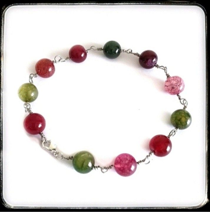 Pink green watermelon agate beaded wire wrapped bracelet new handmade